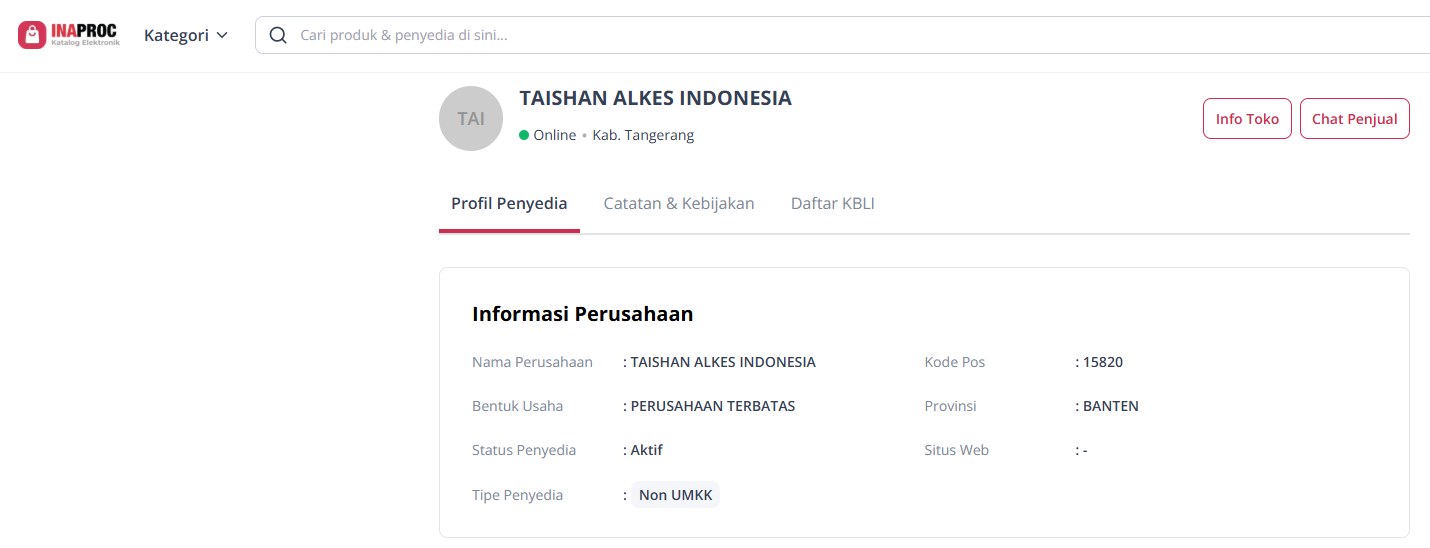 Halaman toko PT Taishan Alkes Indonesia di E-Katalog INAPROC